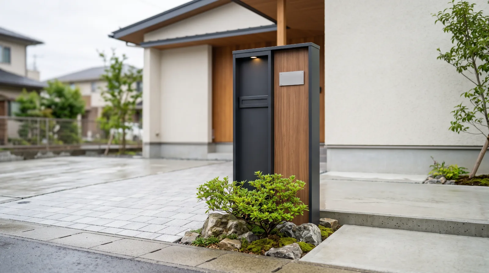 機能門柱の施工例。ポスト・表札・照明が一体になったスリムな門柱